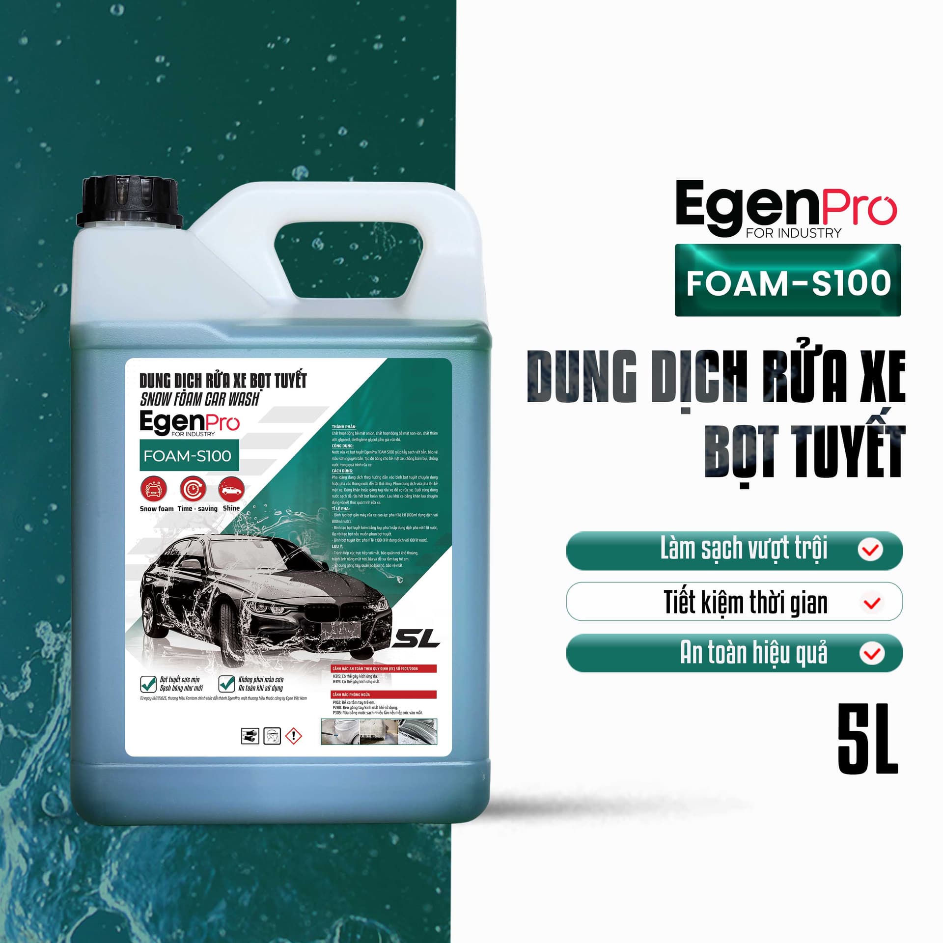 Nước Rửa Xe Bọt Tuyết EgenPro FOAM S100 (Có chạm) - Xà Bông Rửa Xe Siêu Bọt, Bóng Xe, An Toàn Cho Màu Sơn