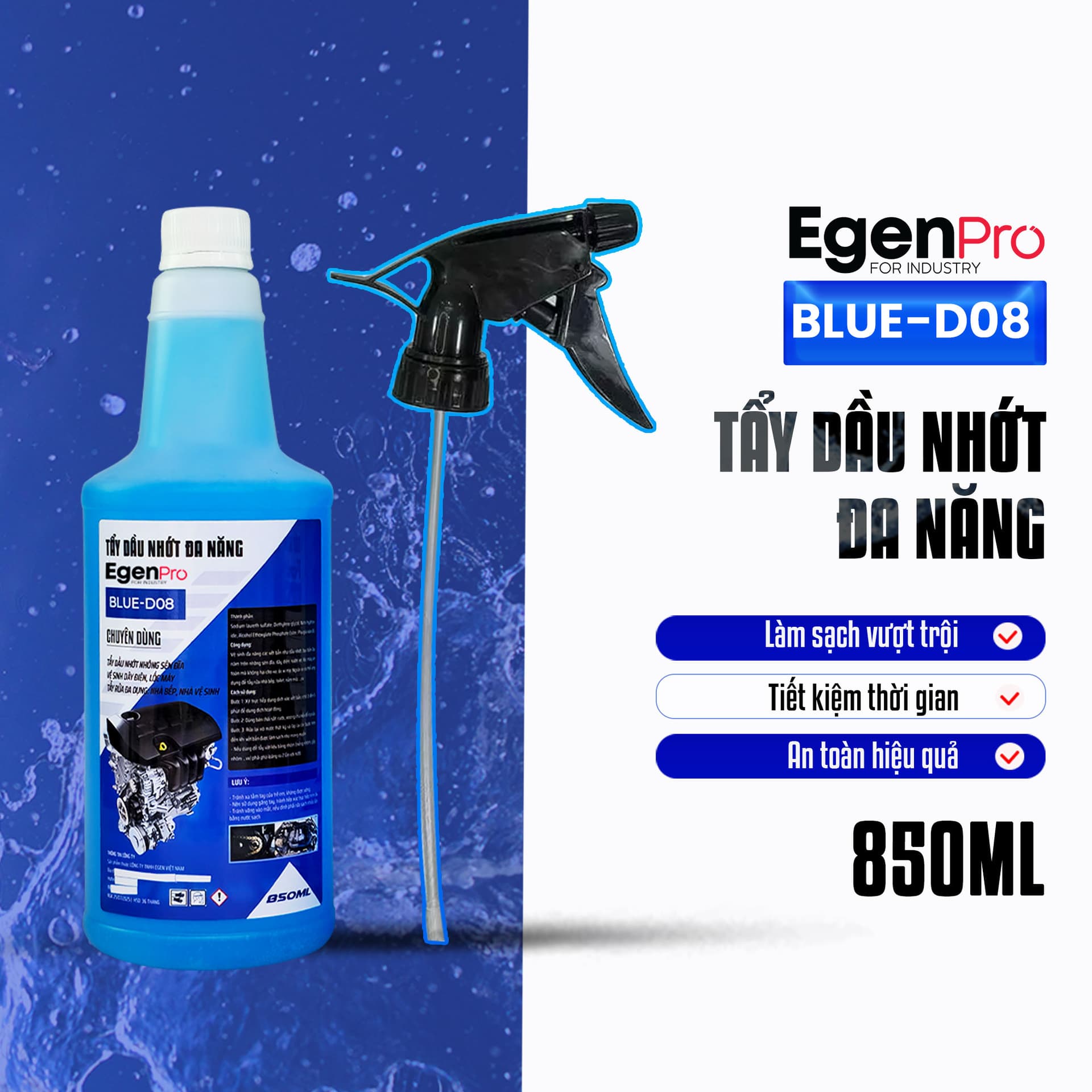 Tẩy Đa Năng EgenPro 850ml (Mã Blue-D08) Chuyên Tẩy Nhớt, Vệ Sinh Nhông Sên Dĩa, Motobike Cleaner Tẩy Dây Điện, Xe Máy